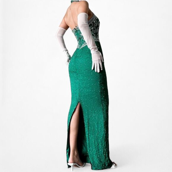 Vintage Green Beaded Halter Neck Bodycon Maxi Prom Dress Size XS/S - Picture 3 of 7